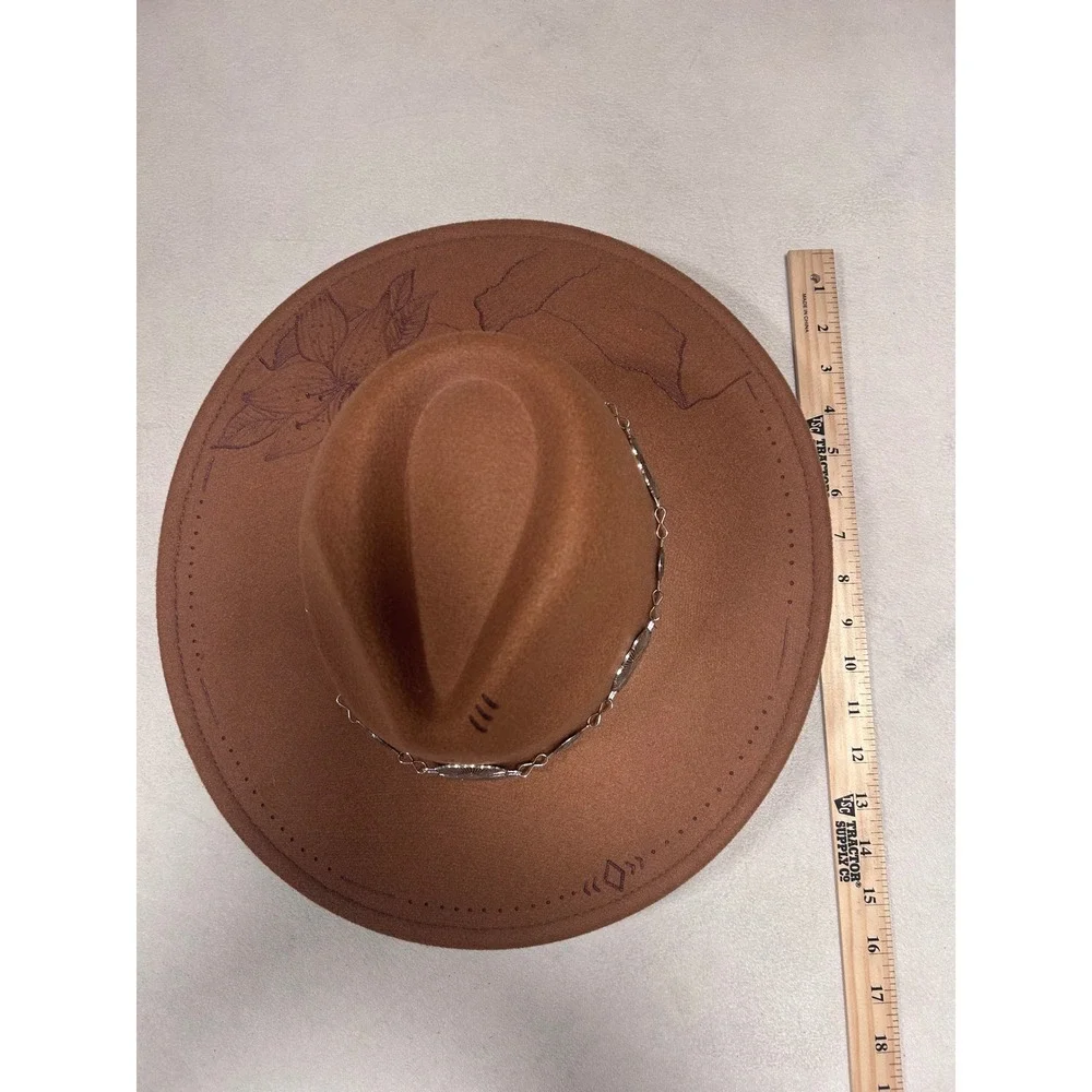 Fedora Womens Burnt felt Hat Brown Hand‎ Drawn Mountain Floral Concho Chain New